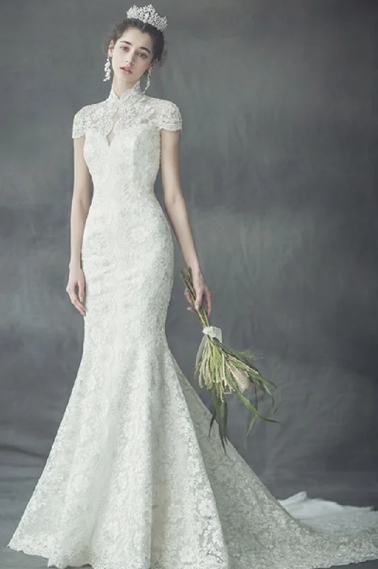 Big Savings Collar Short Sleeve Mermaid Wedding Dress Slim Floral Lace Bridal Gown