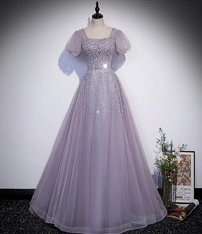 Online Specials puff sleeve dressPurple tulle beads long prom dress A line evening gown s59