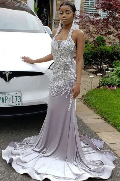 Amazing Deals trendy dressHalter Sparkle Crystal Silver Prom Dresses Fit and Flare Alluring Backless Evening Gowns Y157