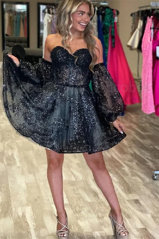 Super Sale summer floral dressBlack Sequin Lace A-line Sweetheart Removable Sleeves Homecoming Dress