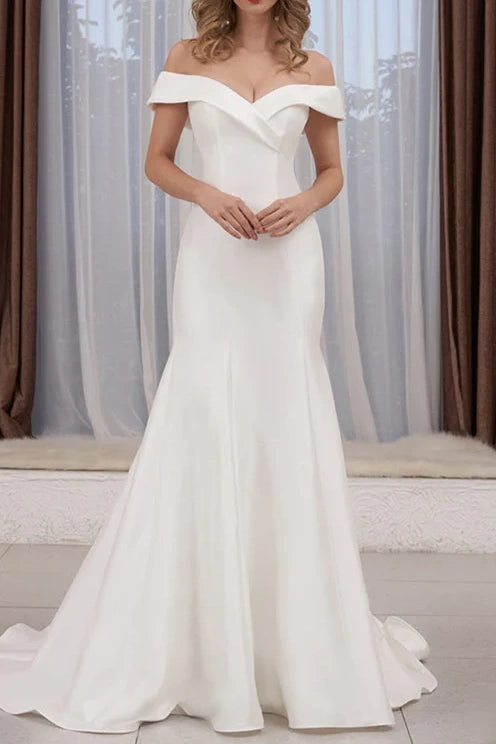 Value Deals casual dressOff-Shoulder Satin Trumpet Wedding Dress With Sweep Train