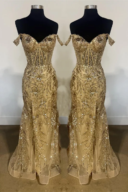 Great Deals fitted cocktail dressGold Off-Shoulder Sequined Floral Mermaid Long Prom Dress with Slit