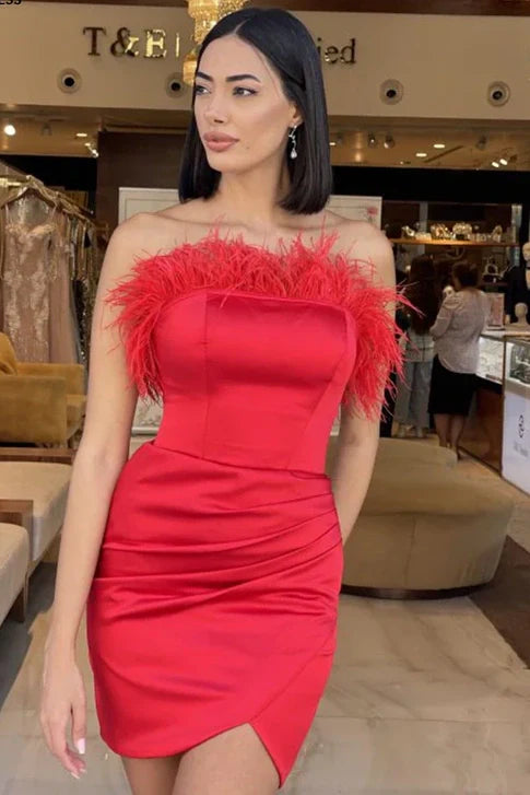 Unbeatable Prices A-line dressCasual Satin Fitted Strapless Feathers Homecoming Dress