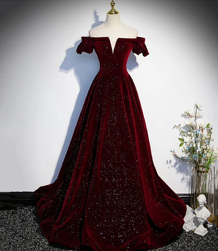 Hurry In form-fitting dressBurgundy velvet long prom dress A line evening dress s53