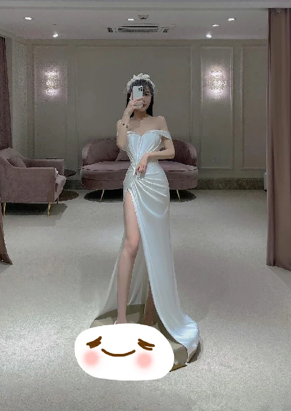 Lowest Price chic wrap dressElegant Off The Shoulder White Wedding Dress with High Split Y4461
