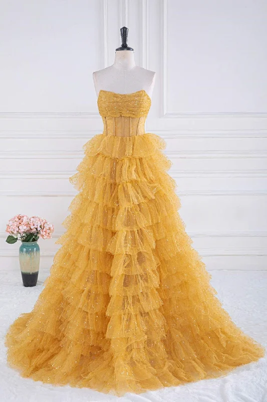 Price Cut classic fit-and-flare dressYellow Sequined Strapless Layers A-line Long Prom Dress