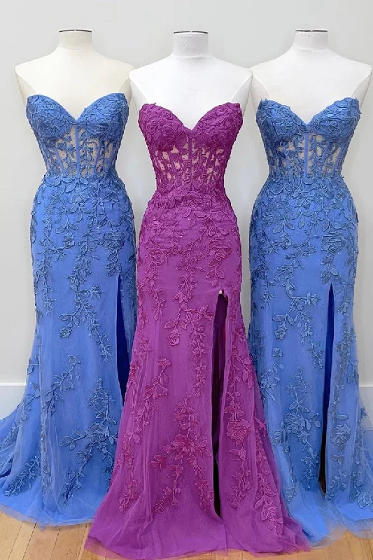 Buy Now printed dressPeriwinkle Strapless Appliques Mermaid Long Prom Dress with Slit