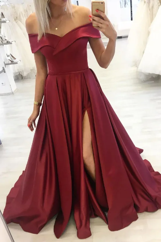 Anniversary Sale party dressSimple burgundy off shoulder long prom dress burgundy evening dress Y253