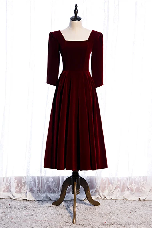 Final Clearance fitted dressBurgundy Square Neck Long Sleeves Velvet Midi Formal Dress
