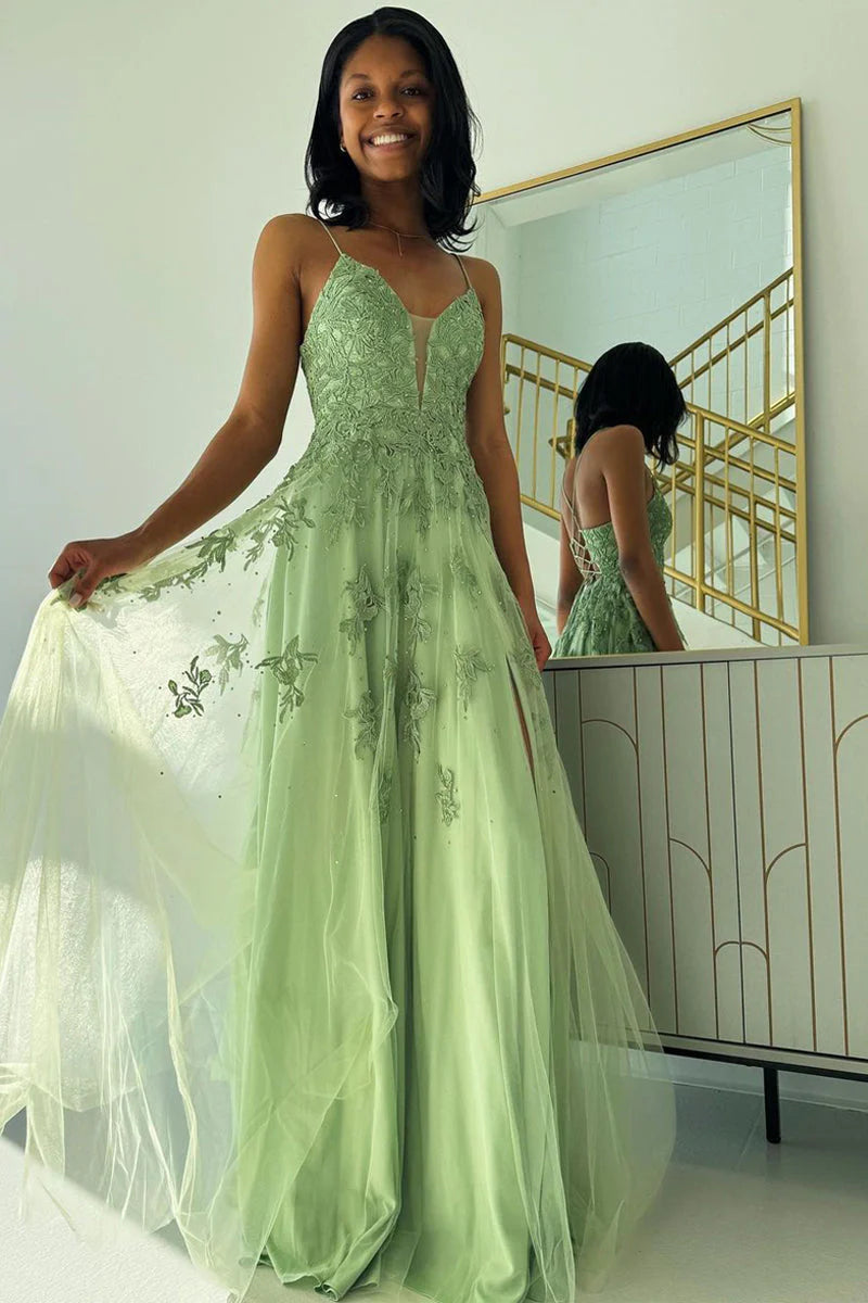 Bargain Prices mini dressTulle A-Line V-Neck Spaghetti Straps Appliques Prom Dress