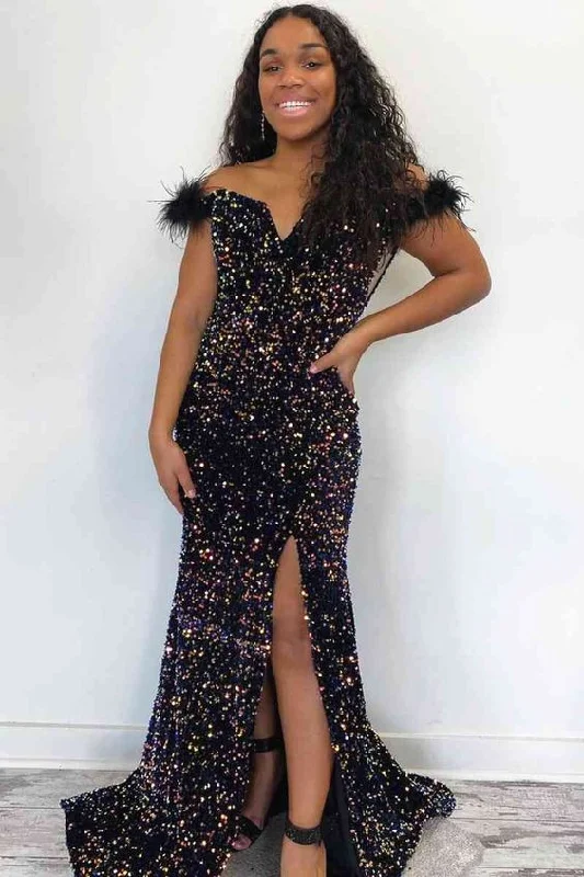 Exclusive Offers casual shift dressOff-the-Shoulder Glitter Sequins Long Party Dress with Feather Y4414