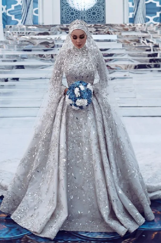 Incredible Offers Luxurious Sequins Bridal Gown Aline Long Sleeves Highneck Sweep Train