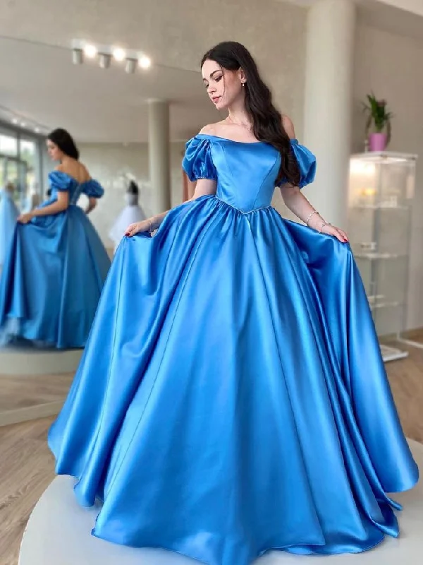 Savings Alert office dressBlue Satin Long Prom Dress, A Line Long Graduation Dresses Y4600