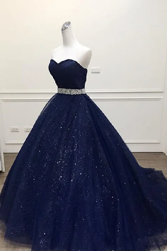 Today’s Deal Navy Blue Ball Gown Court Train Sleeveless Mid Back Sparkle Prom Dresses