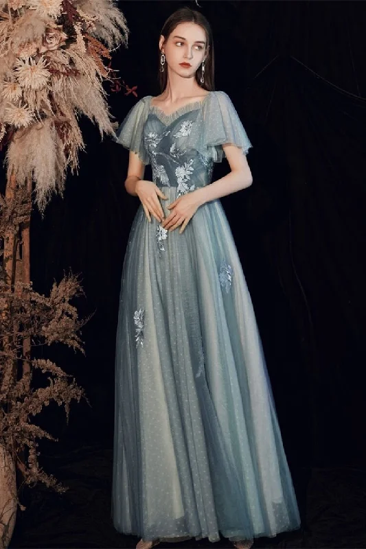 Limited Time Discount off-the-shoulder dressDusty Blue Polk Dots Long Prom Dress