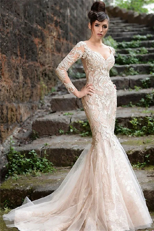 Deal Zone Mermaid Long Sleeves Ivory Lace Wedding Dresses Modern Sheer Tulle See Through Back Evening Dresses