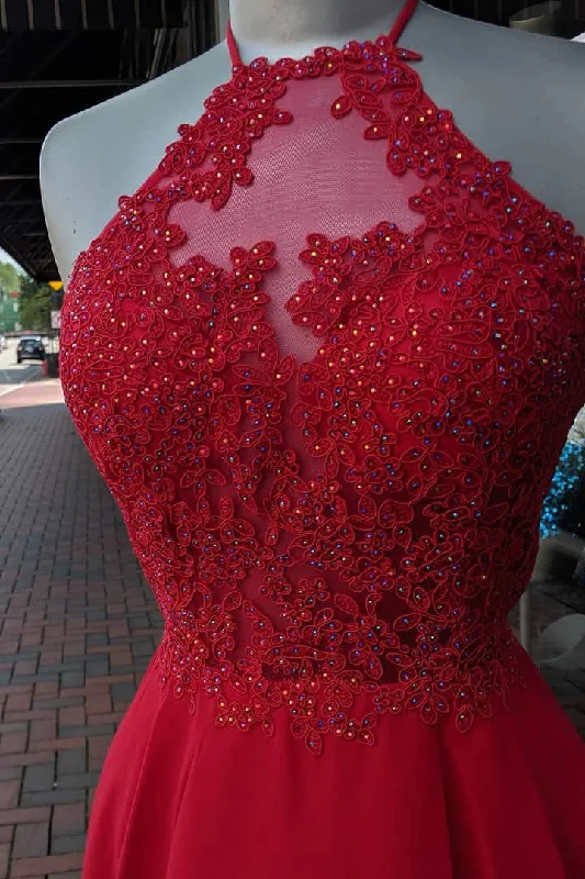 Hurry In Halter Red Chiffon Appliques Beading Short Homecoming Dresses