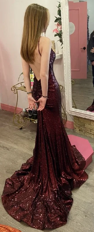 Super Sale party dressCharming Burgundy Mermaid Prom Dress,Backless Prom Gown Y4420