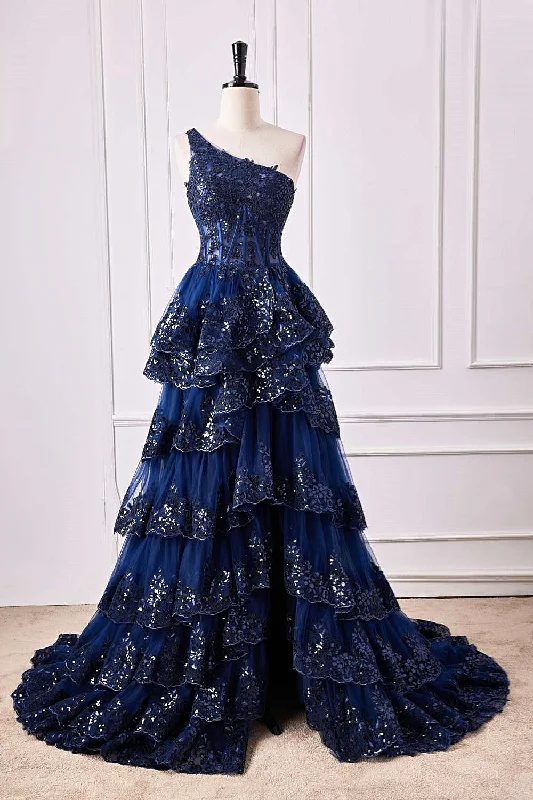 Deal Explosion casual day dressDark Navy One Shoulder Layers Floral Long Prom Dress with Slit