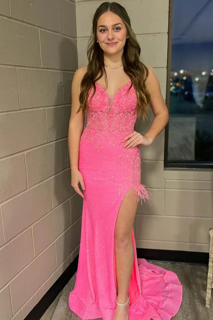Big Discounts formal dressGlitter Fitted V-Neck Spaghetti Straps Appliques With Train Prom Dress