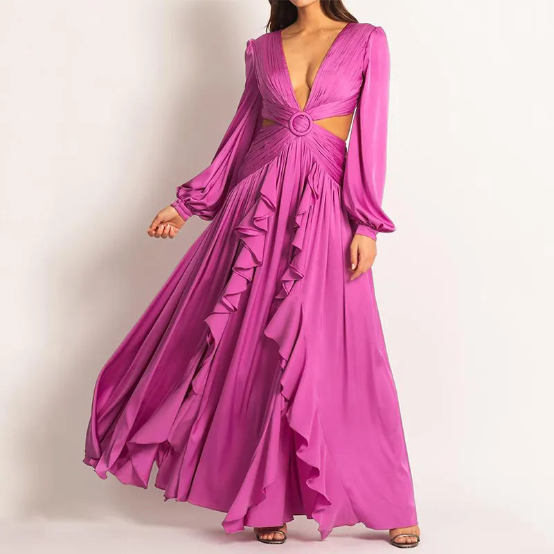 Special Savings street style coatEllafads Women Maxi Dress Elegant High Waist V-neck Lantern Sleeve Hollow Out Pleated Solid Color Ruffled Party Long Dresses