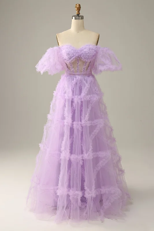 Special Price fitted bodycon dressLavender Off-the-Shoulder Puff Sleeves Ruffles A-line Long Prom Dress