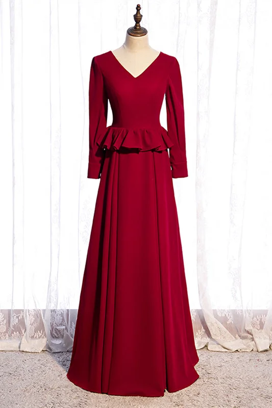 Mega Deal boho-chic dressRed A-line V Neck Long Sleeves Ruffle Maxi Formal Dress