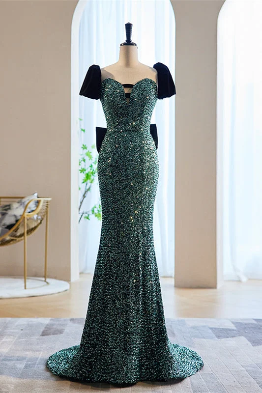 Loyalty Reward A-line dressHunter Green Mermaid Sequins Maxi Formal Dress with Bow