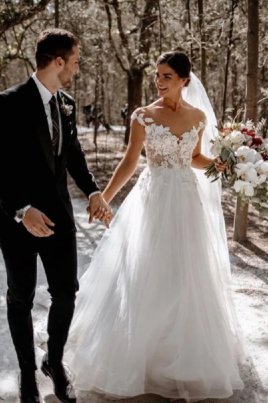 Special Discount Classic Cap Sleeve Tulle Lace Simple Wedding Dress White Floor Length Garden Bridal Gown