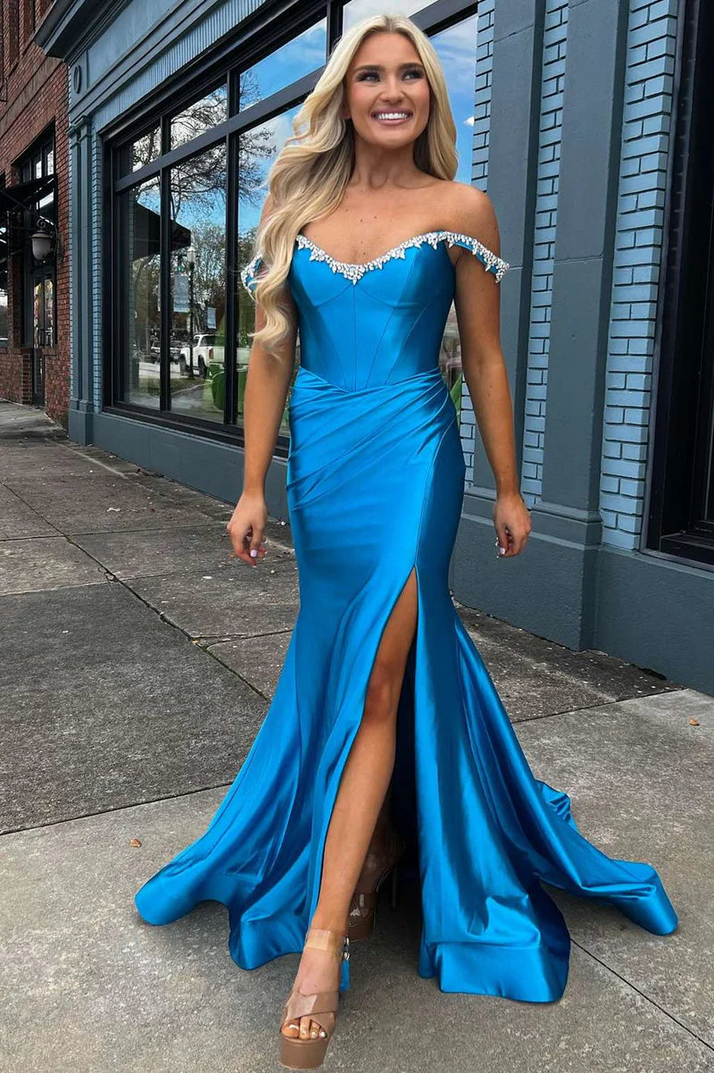 Discount Deals evening dressOff-Shoulder Beaded Satin Trumpet With Side Slit Prom Dress