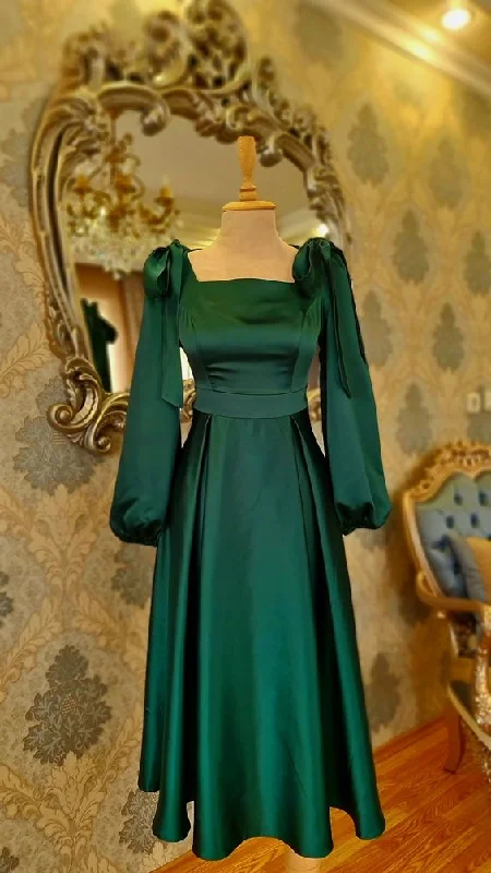 Final Clearance statement dressGreen Square Collar Midi-length Prom Dress,Green Party Dress Y4594