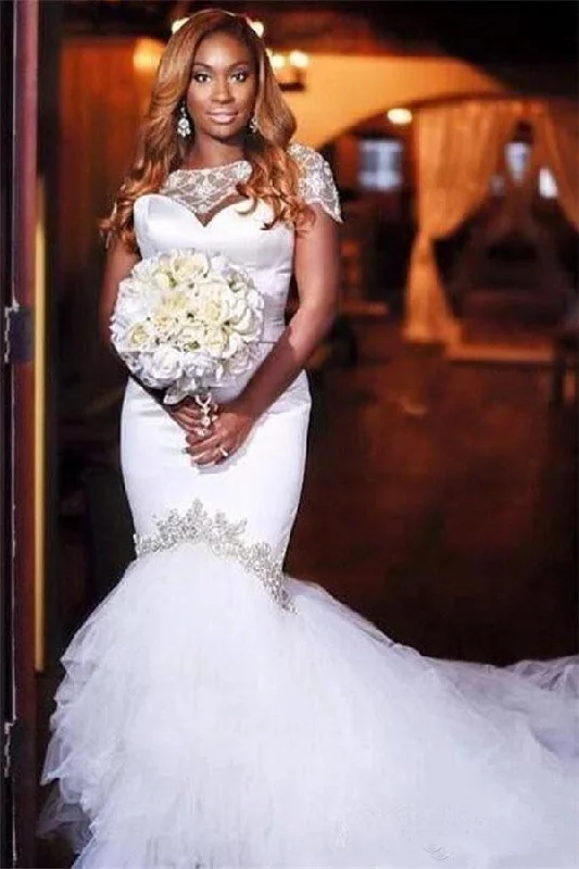 Midnight Madness Mermaid Tulle Beads Appliques Wedding Dress Exquisite Short Sleeves Bridal Dresses