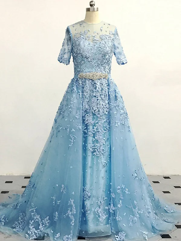 Holiday Sale Half Sleeve Prom Dresses Aline Short Train Appliques Sky Blue Long Prom Dress JKL1493