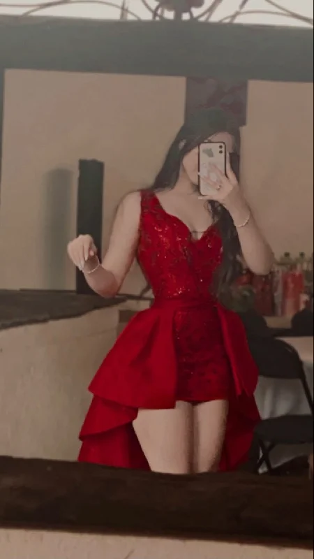 Online Only form-fitting dressCharming A-line V Neck Red Hi-low Prom Dress Birthday Party Dress Y4183