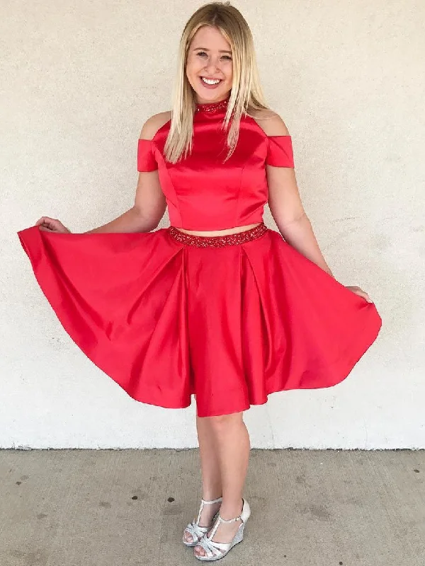 Limited Stock Two Piece Red Homecoming Dresses Beading Sparkly Short Prom Dress Sexy Party Dress JK791
