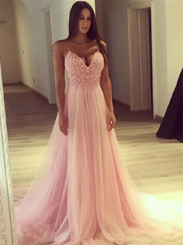Price Rollback Pink Prom Dresses with Spaghetti Straps Aline V Neck  Appliques Tulle Long Prom Dress JKL1582