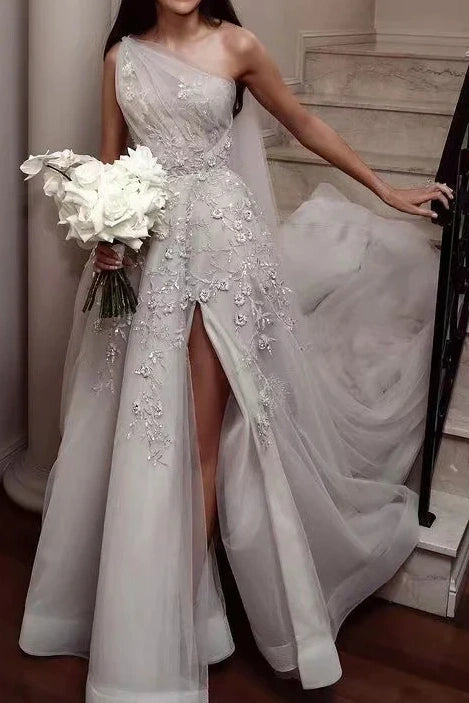 Big Savings flowy evening dressOne Shoulder Sleeveless Empire Appliques Tulle Wedding Dress