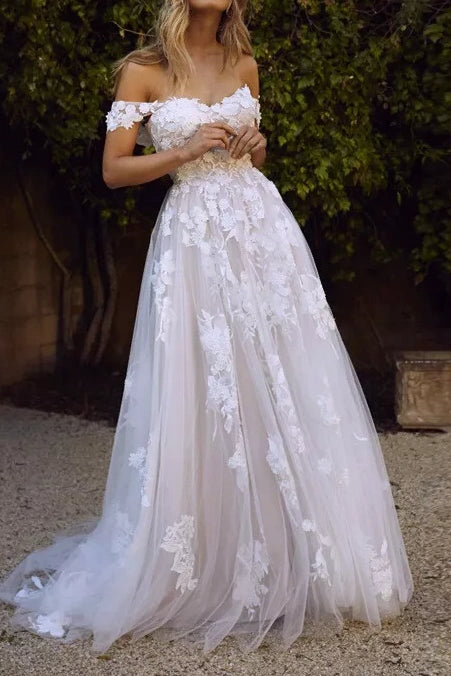 Overstock Sale bohemian dressSweetheart Off-Shoulder Tulle A-Line Wedding Dress