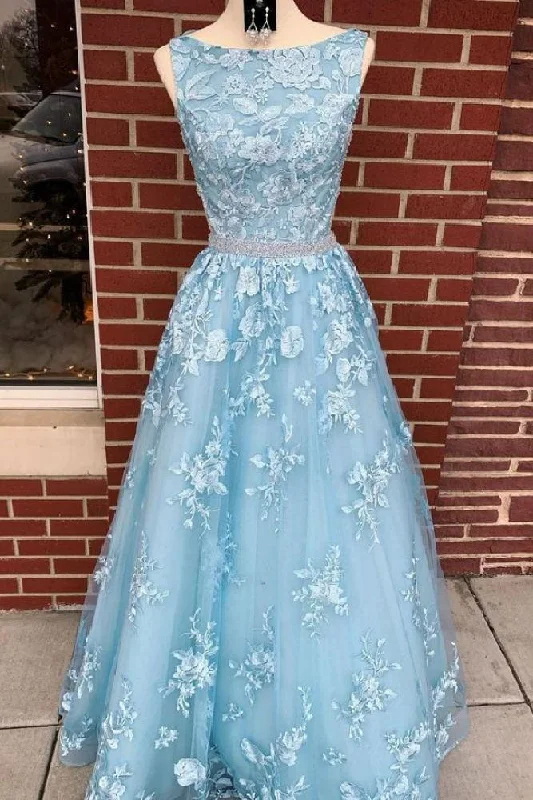 Closeout Sale A-line Sky Blue Prom Dress Long Sleeveless Prom Dress Graduation Gown GJS233