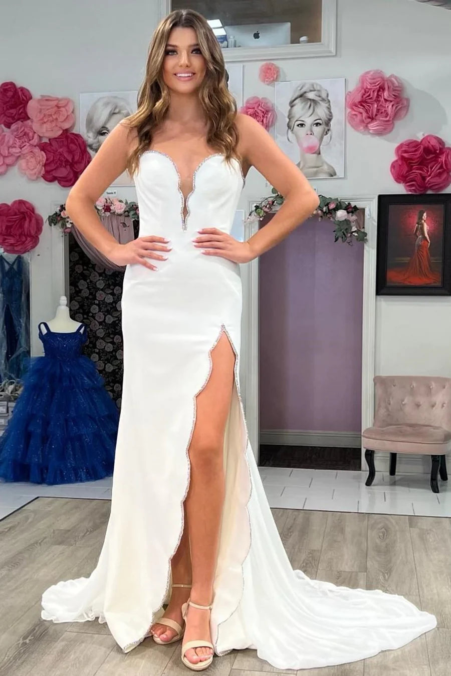 Members Only casual slip dressSatin Sweetheart Strapless Beaded With Side Slit Prom Dress