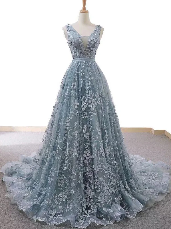 Factory Direct Sale Fashion Prom Dresses with Straps A Line Long Dusty Blue Prom Dress Lace Evening Dress JKL1634