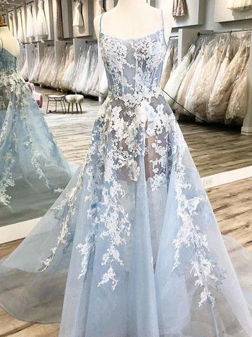 Sneak Peek Sale Lace Prom Dresses A-line Spaghetti Straps See Through Sexy Prom Dress Long Evening Dress JKL1555