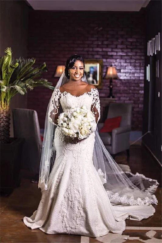 Low Prices Sheer Tulle Long Sleevess Mermaid Wedding Dresses Appliques Classic Plus Size Bridal Gowns