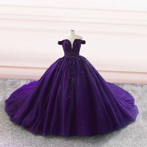 Referral Discount sleek dressPurple tulle ball gown off the shoulder wedding dresses Y4310