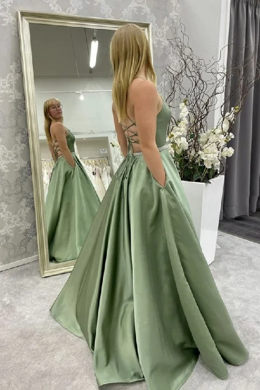 Price Cut A Line Backless Green Satin Long Prom Formal  Evening Dress GJS254
