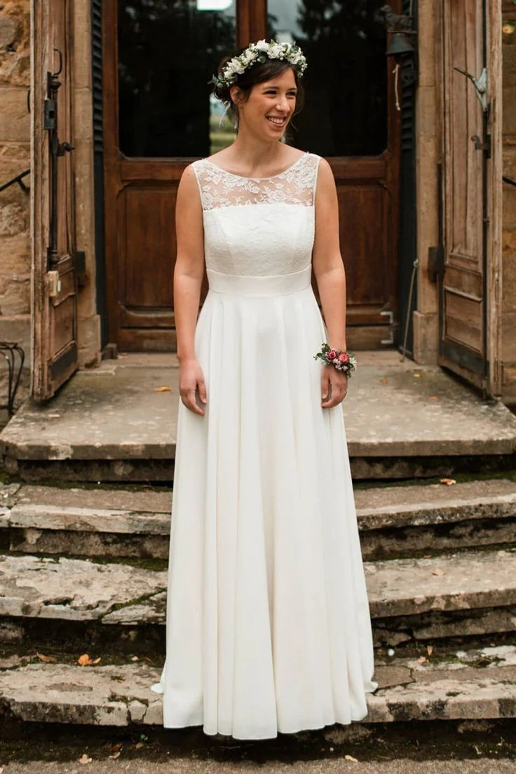 Steals and Deals comfy dressScoop Sleeveless Open Back A-Line Long Wedding Dress