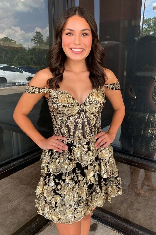 Midnight Sale relaxed fit dressGold Sweetheart Off-the shoulder Sequins Ruffle Homecoming Dress