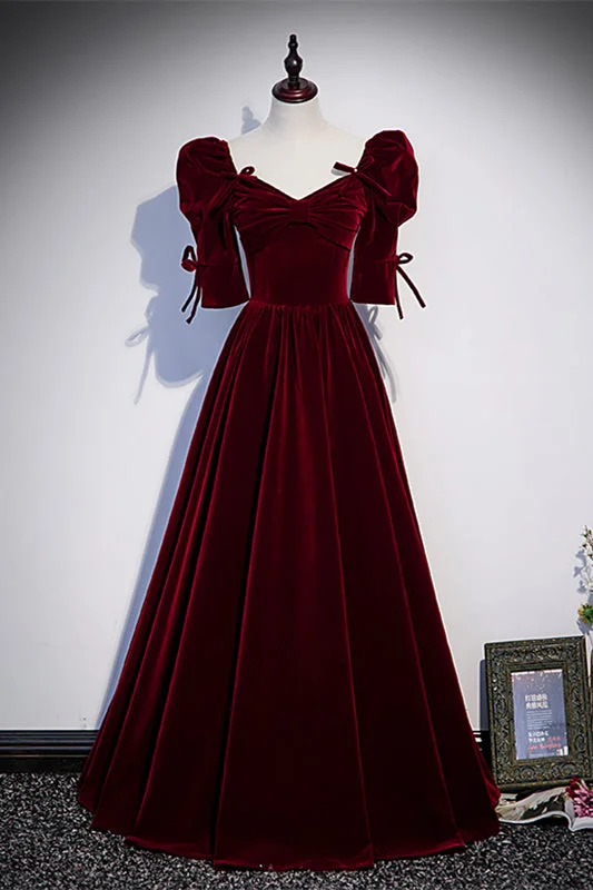 Flash Deals wool dressBurgundy V Neck Puff Sleeves Bow Tie Detail Velvet Long Formal Dress
