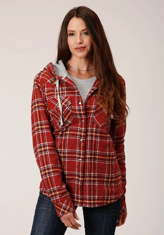 Act Now zip-up jacketWOMENS SNAP THERMAL LINED FLANNEL SHIRT JACKET RUST WINE GOLD PLAID