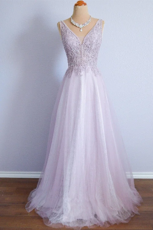 Best Deals boho-chic dressLilac A-line Tulle Spaghetti Strap Lace Long Formal Dress